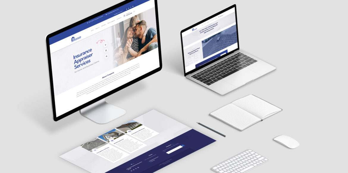 Isometric web design studio desk with computer display, laptop and concept page layout